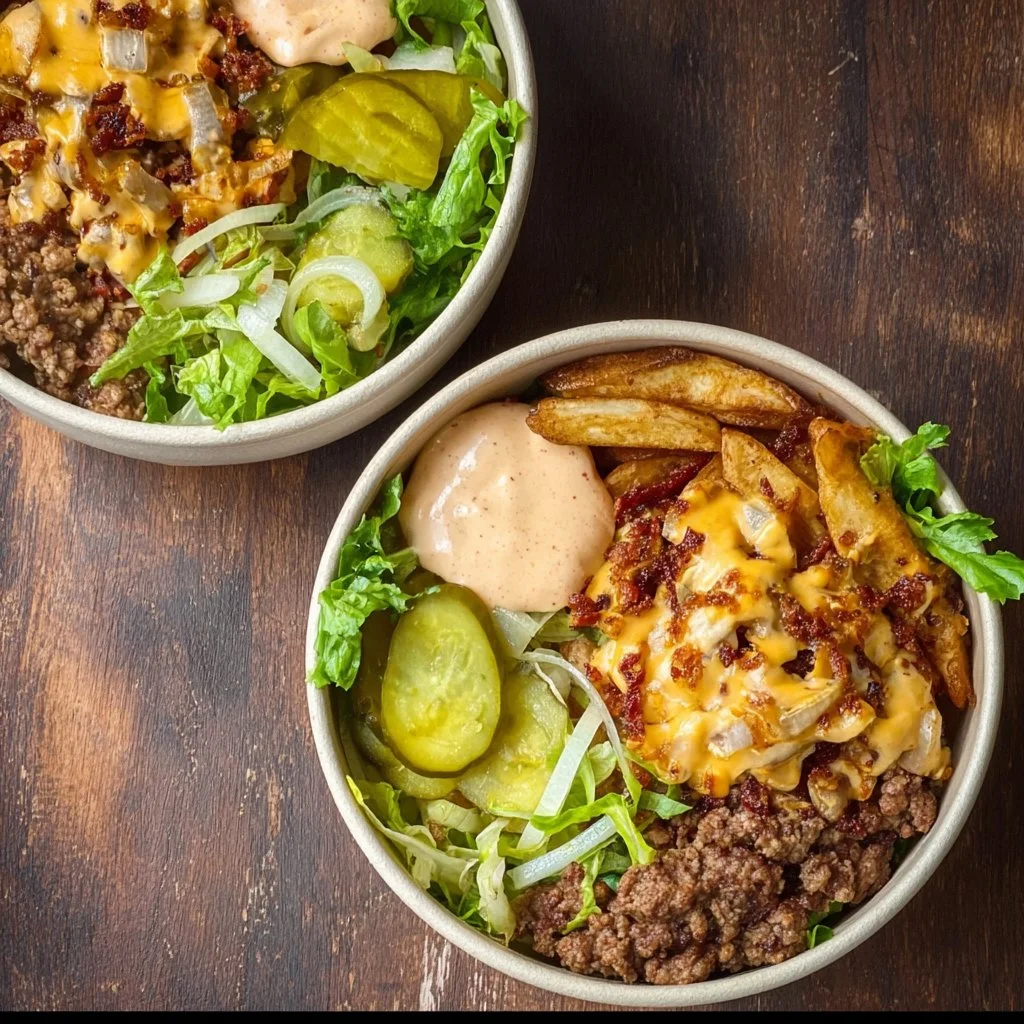 Delicious burger bowls with fresh ingredients in a vibrant bowl