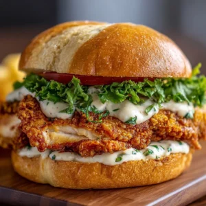 Cajun crispy chicken sandwich topped with garlic aioli and fresh ingredients