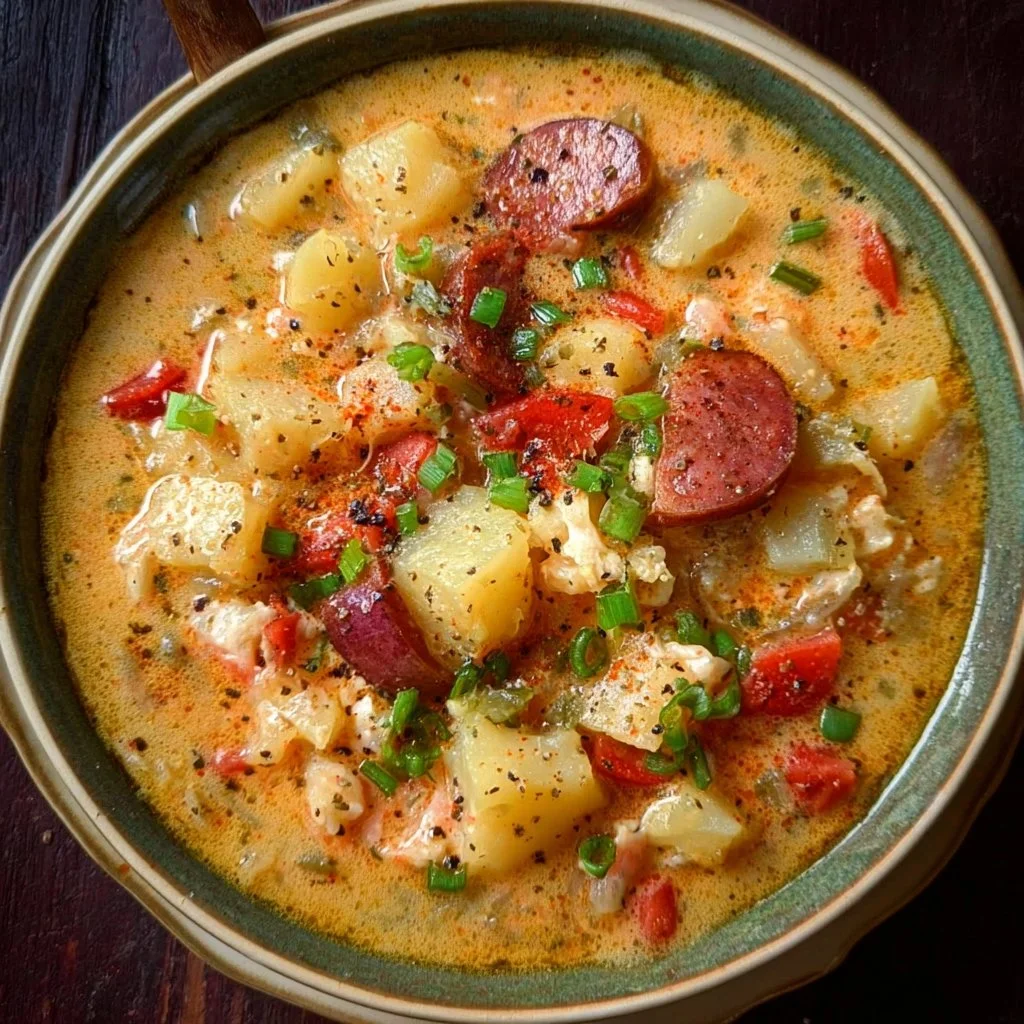Bowl of delicious Cajun Potato Soup garnished with herbs