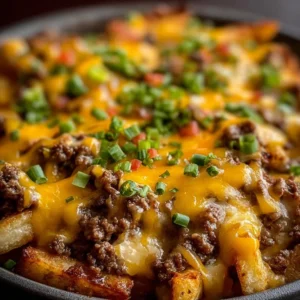 Delicious Cheeseburger French Fry Casserole topped with melted cheese and fresh herbs.
