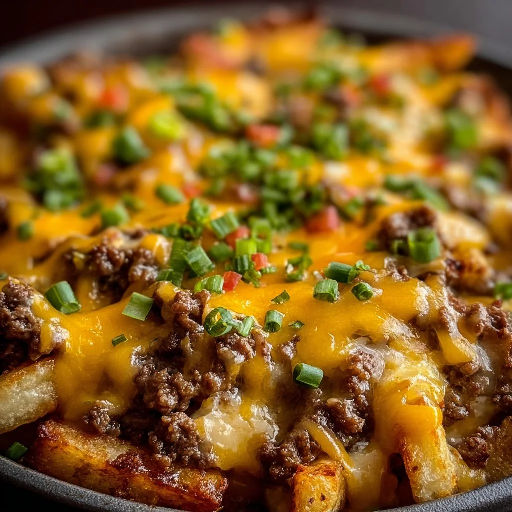 Delicious Cheeseburger French Fry Casserole topped with melted cheese and fresh herbs.