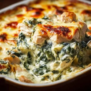 Chicken and spinach casserole with cream cheese served in a baking dish