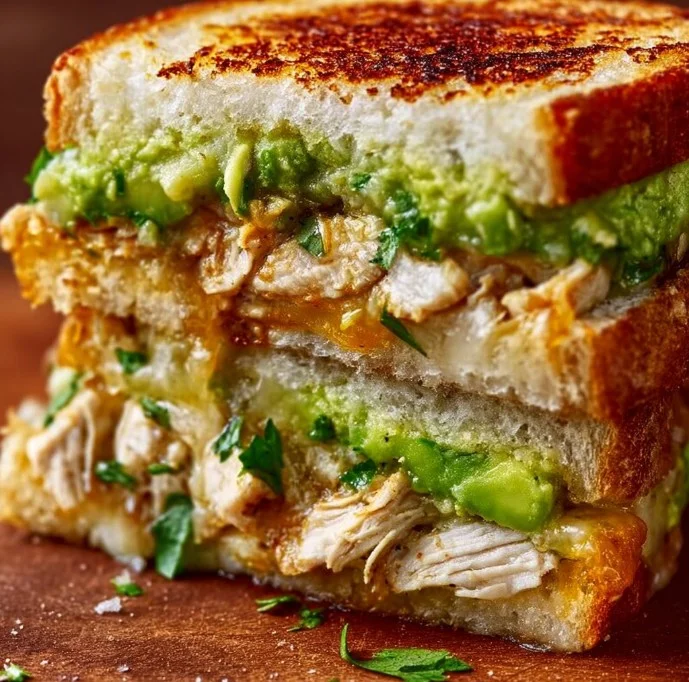 Delicious Chicken Avocado Melt Sandwich with chicken, avocado, and cheese