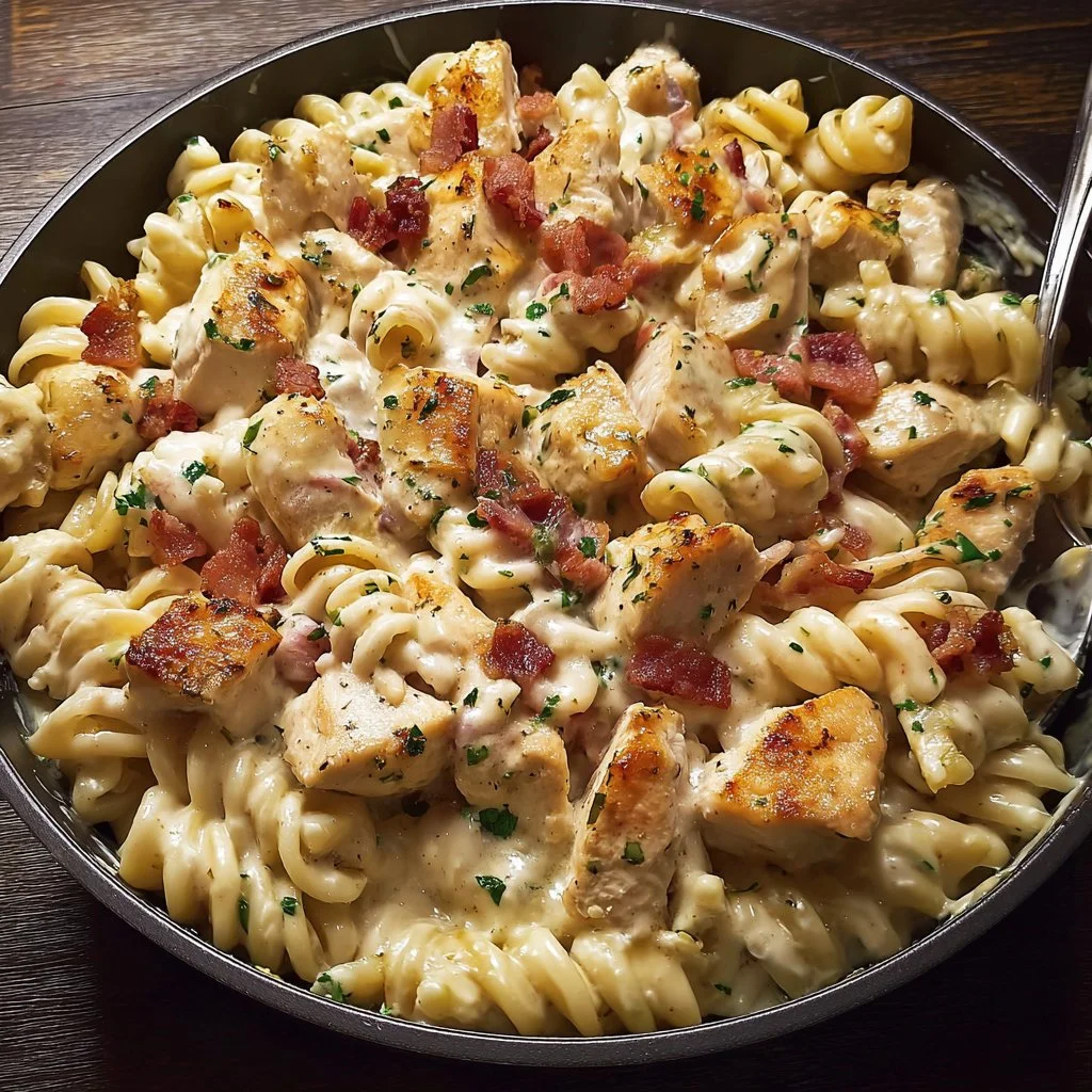 Creamy Chicken Bacon Ranch Pasta topped with crispy bacon and fresh herbs