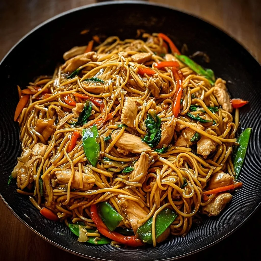 Delicious plate of Chicken Lo Mein with tender chicken and colorful vegetables