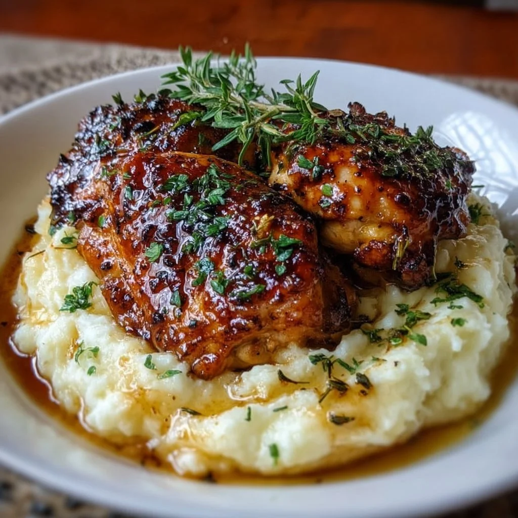 Chipotle Honey Chicken thighs on a plate with smoked gouda mashed potatoes