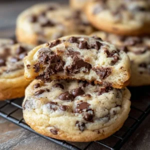 Delicious chocolate chip cheesecake cookies showcasing creamy filling and chocolate chips.