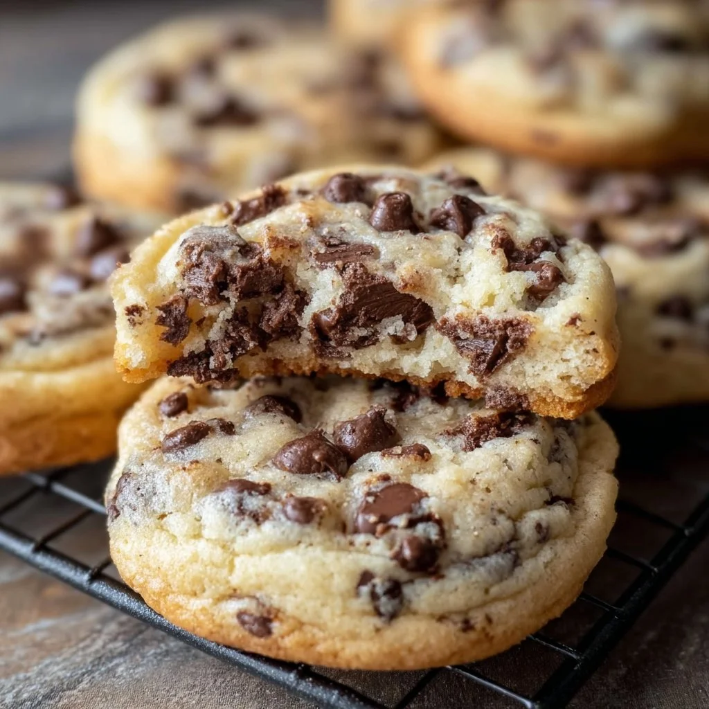 Delicious chocolate chip cheesecake cookies showcasing creamy filling and chocolate chips.