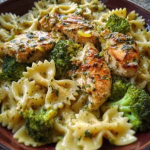 Cowboy Butter Lemon Bowtie Chicken with Broccoli served on a plate