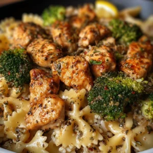 Cowboy Butter Lemon Bowtie Chicken served with fresh broccoli