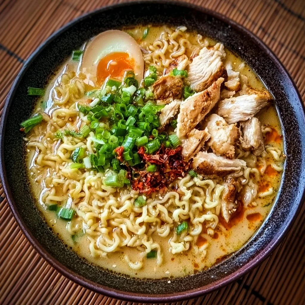 Bowl of creamy garlic chicken ramen topped with fresh herbs and ingredients