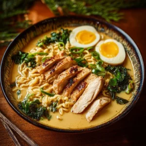Delicious creamy garlic chicken ramen dish garnished with green onions