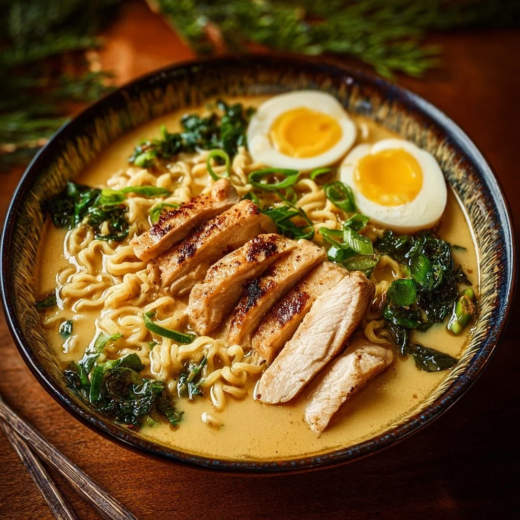 Delicious creamy garlic chicken ramen dish garnished with green onions