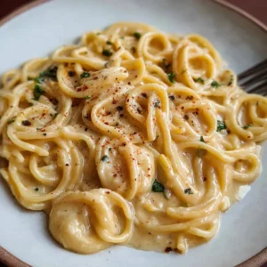 Creamy roast garlic and lemon pasta sauce in a bowl garnished with herbs