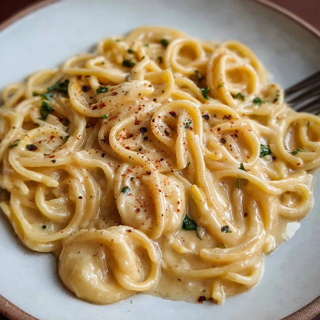 Creamy roast garlic and lemon pasta sauce in a bowl garnished with herbs