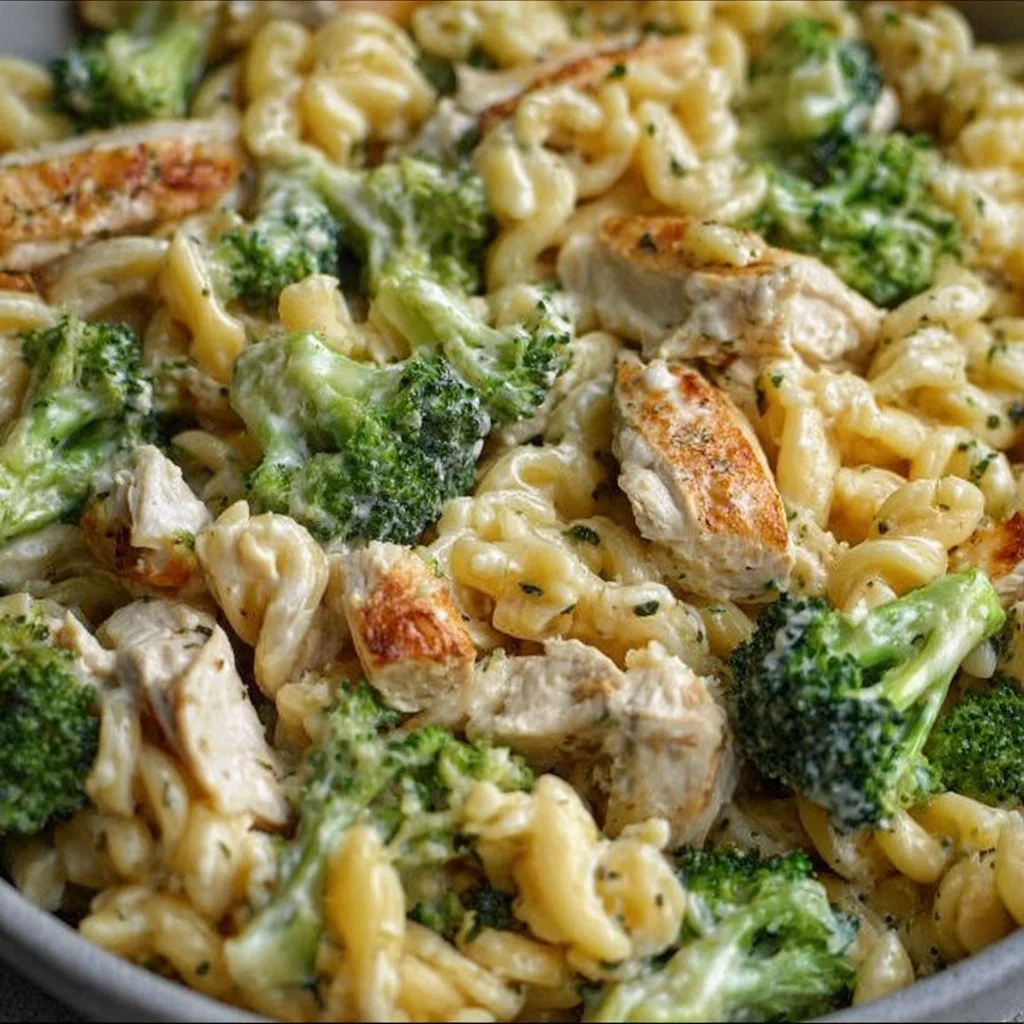 Creamy rotisserie chicken and broccoli pasta dish served in a bowl