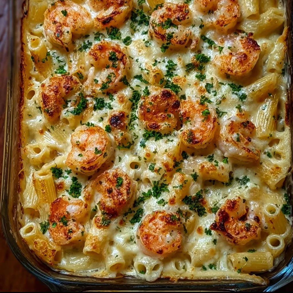 Creamy shrimp scampi pasta bake topped with parsley and cheese