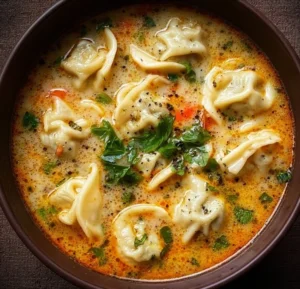 Bowl of creamy Thai dumpling soup with herbs and spices