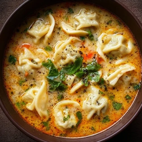 Bowl of creamy Thai dumpling soup with herbs and spices