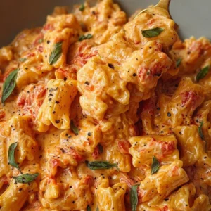 Creamy tomato garlic pasta dish topped with fresh basil and served in a bowl.