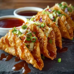 Plate of crispy chicken wonton tacos garnished with fresh ingredients