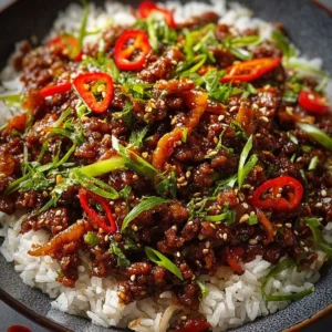 Plate of crispy chilli beef rice garnished with vegetables