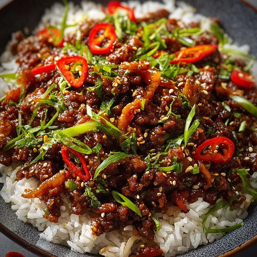 Plate of crispy chilli beef rice garnished with vegetables