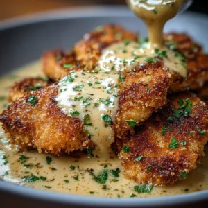 Crispy Parmesan Chicken served with rich garlic sauce on a plate