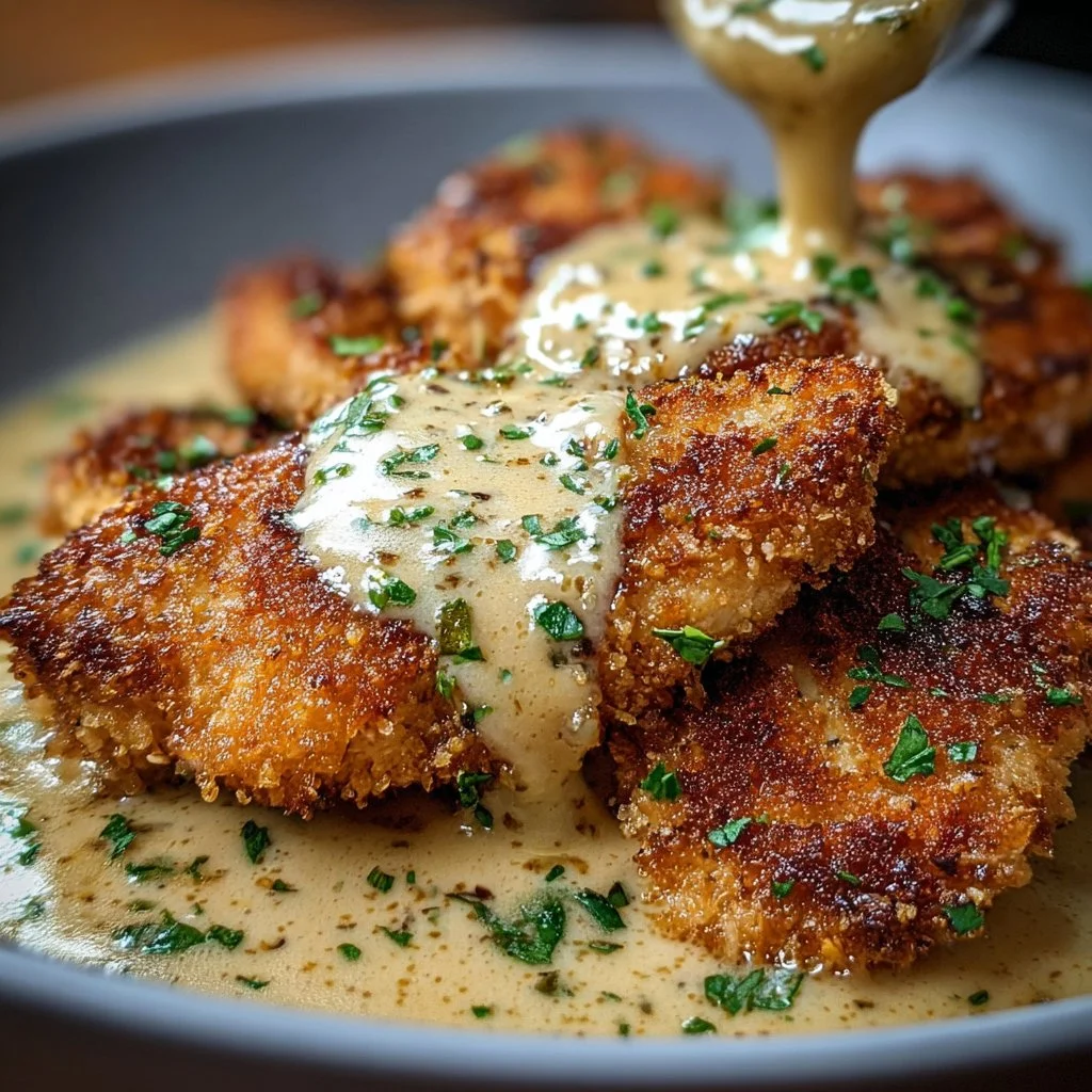Crispy Parmesan Chicken served with rich garlic sauce on a plate