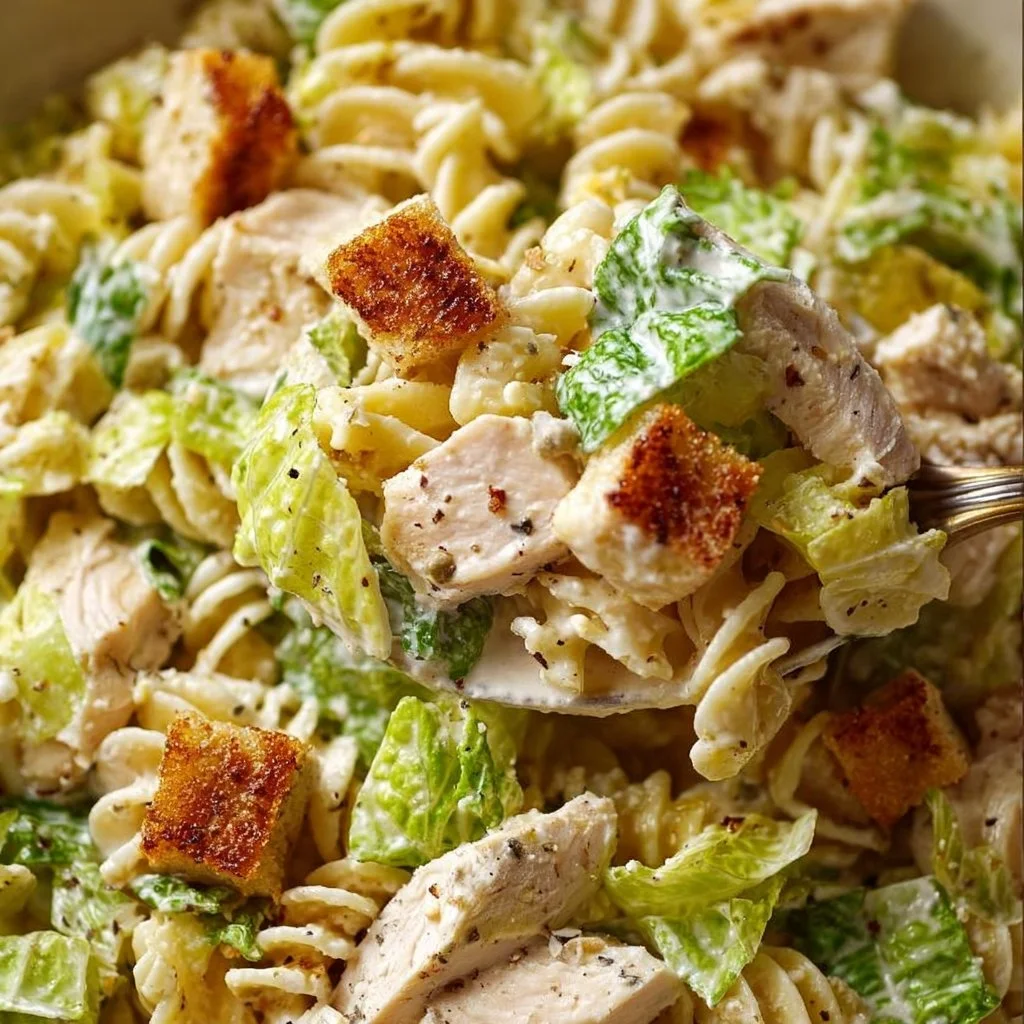 Bowl of Easy Chicken Caesar Pasta Salad with fresh ingredients