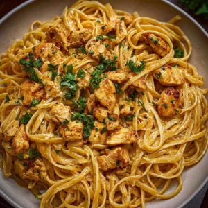 Plate of Easy Cowboy Butter Chicken Linguine garnished with fresh herbs