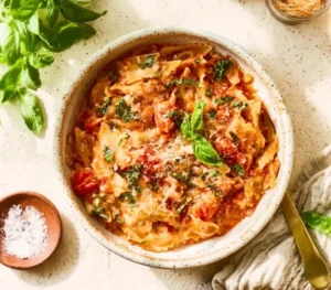 Bowl of Easy Creamy Lasagna Soup garnished with cheese and basil