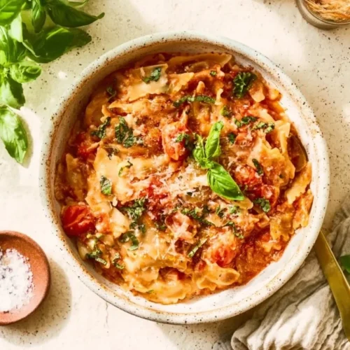 Bowl of Easy Creamy Lasagna Soup garnished with cheese and basil
