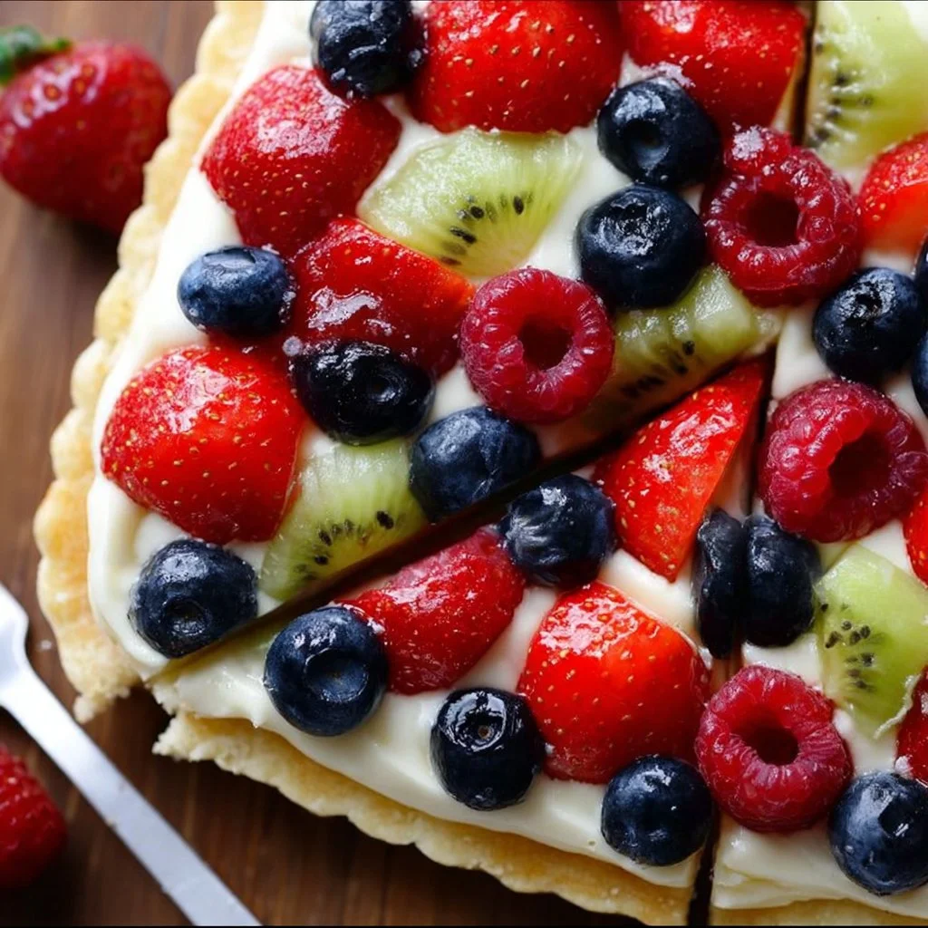 Delicious easy fruit pizza topped with fresh fruits on a sweet crust