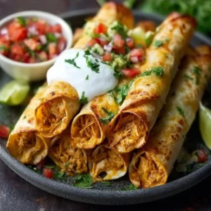 Easy homemade chicken taquitos ready to serve with salsa and guacamole.