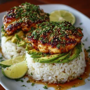 Delicious honey lime chicken served with avocado rice stacks