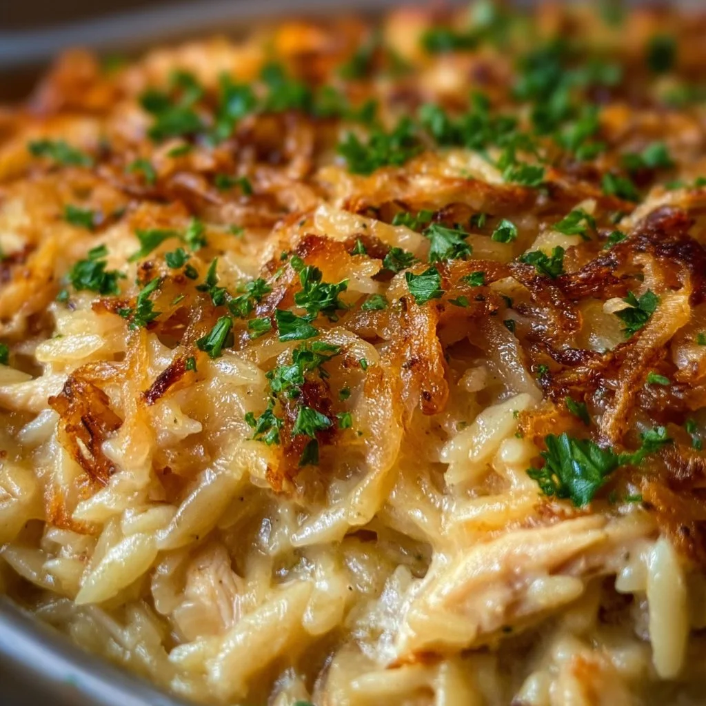 Delicious French Onion Chicken Orzo Casserole topped with melty cheese