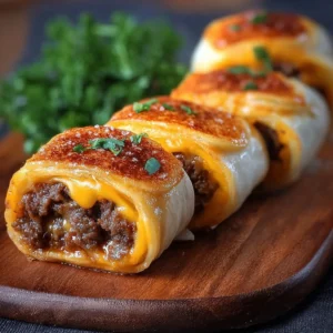 Garlic butter beef cheeseburger rollups on a plate, garnished with fresh herbs