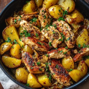 Garlic Butter Chicken and Potatoes Skillet in a cast iron pan