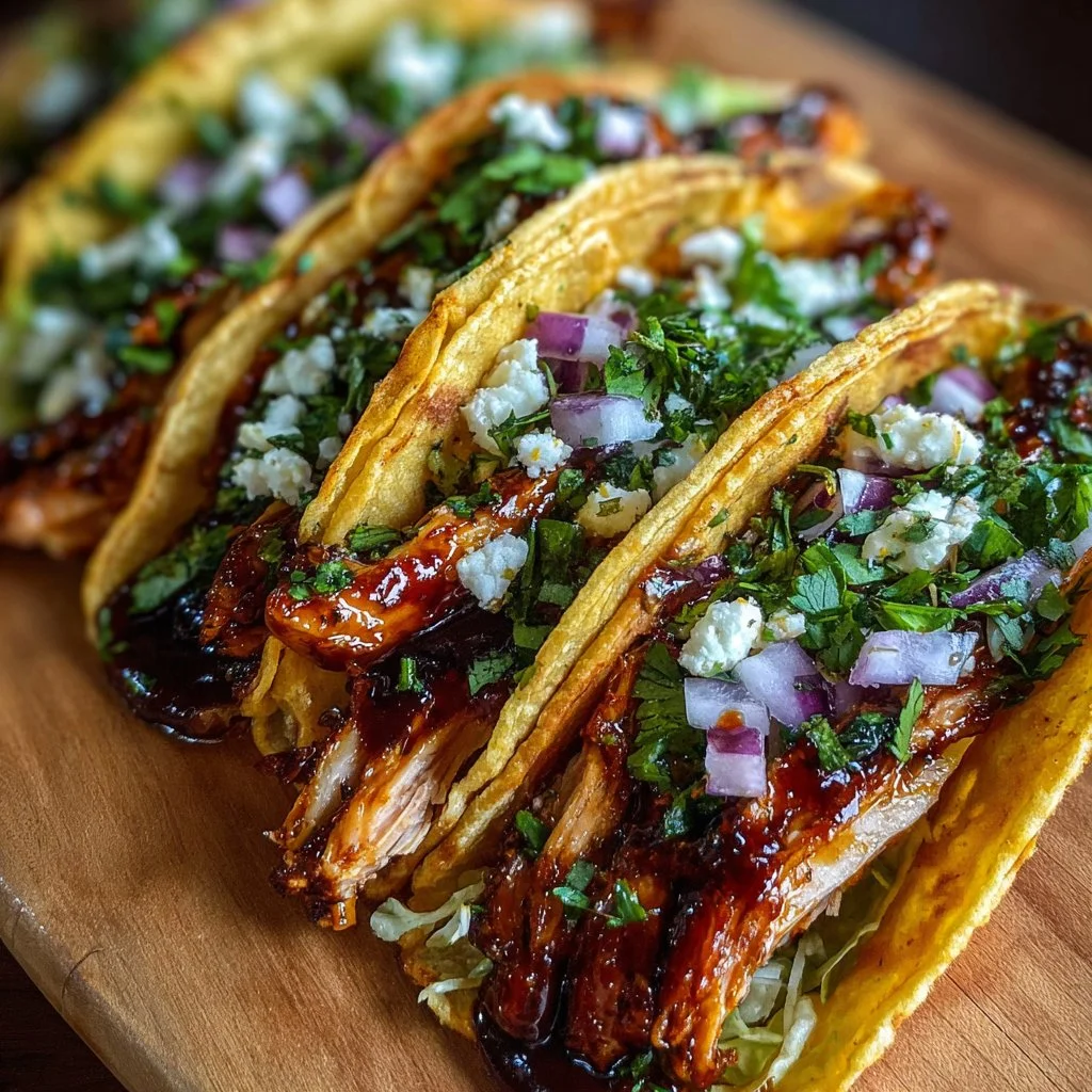 Delicious Garlic Butter Honey BBQ Chicken Tacos served with fresh toppings