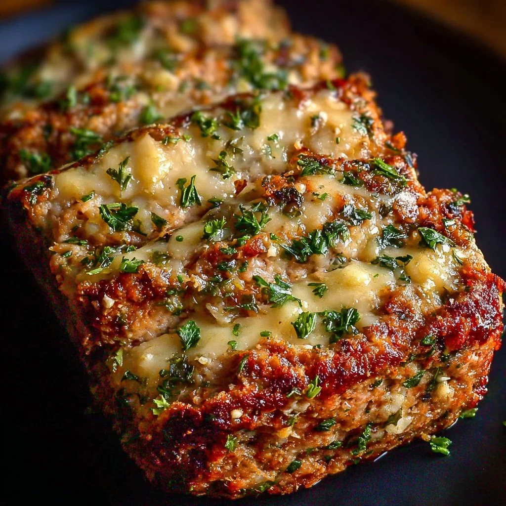 Delicious Garlic Parmesan Chicken Meatloaf served on a plate.