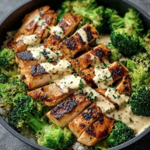 Grilled chicken and broccoli bowls with creamy garlic sauce served in a colorful dish.