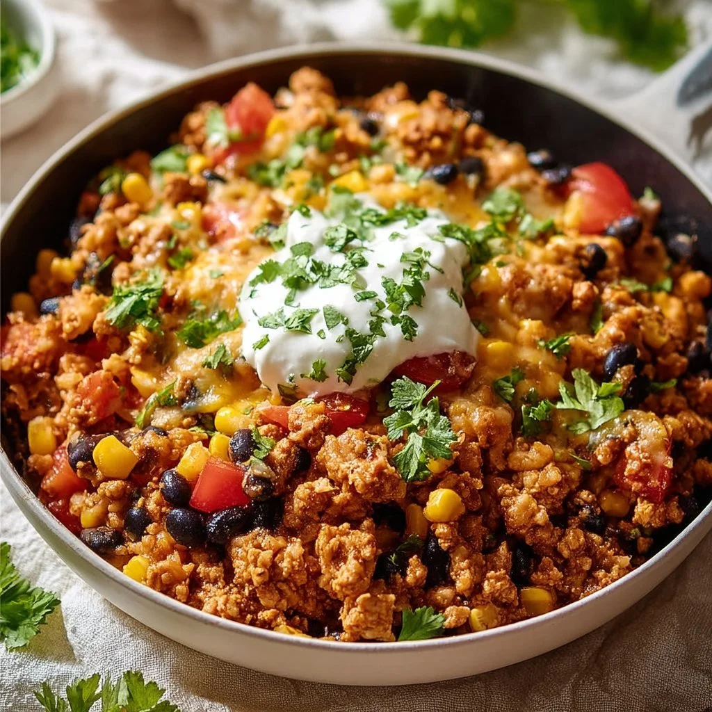 Ground Turkey Taco Skillet served in a colorful bowl with toppings