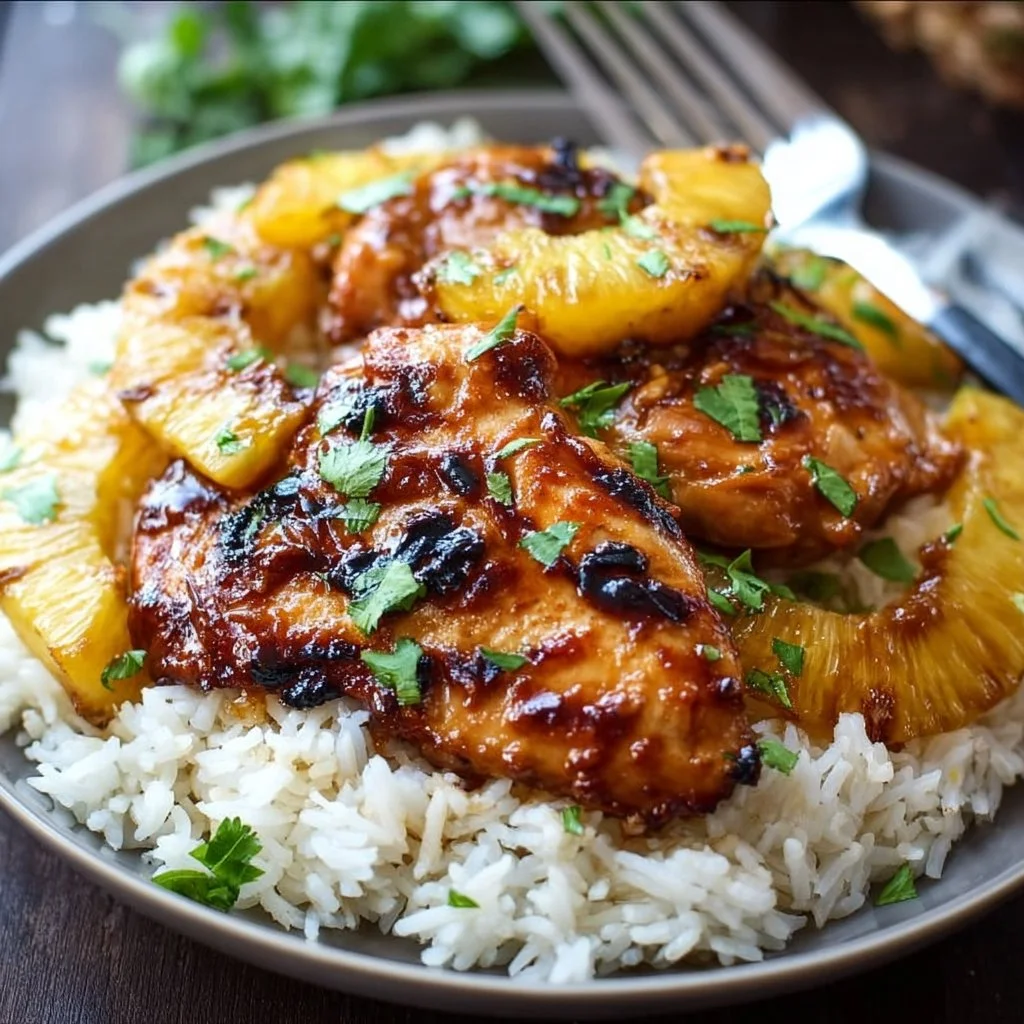 Delicious Hawaiian Chicken served with pineapple and coconut rice