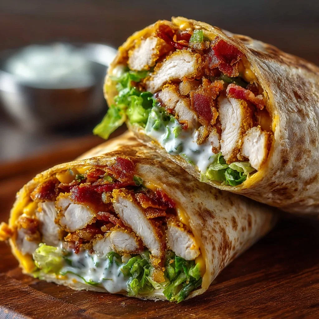 Homemade crispy bacon ranch chicken wraps on a plate