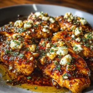 Hot Honey Feta Chicken served with fresh herbs and a side of vegetables
