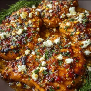 Delicious hot honey feta chicken garnished with herbs and spices