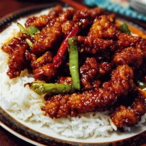 Deliciously spicy Dragon Chicken served with vibrant veggies.
