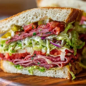 Close-up of a delicious Italian Grinder Salad Sandwich with fresh ingredients.