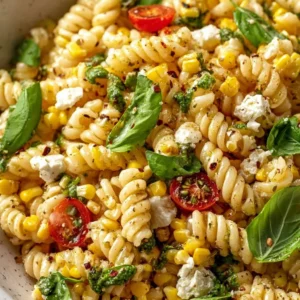 Colorful Juicy Street Corn Pasta Salad with fresh ingredients in a bowl